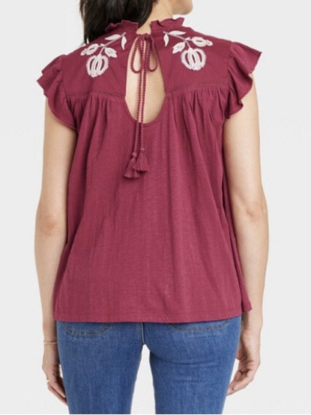 Knox Rose Blouse Floral Embroidery Red Burgundy and Cream size Medium - Picture 11 of 11